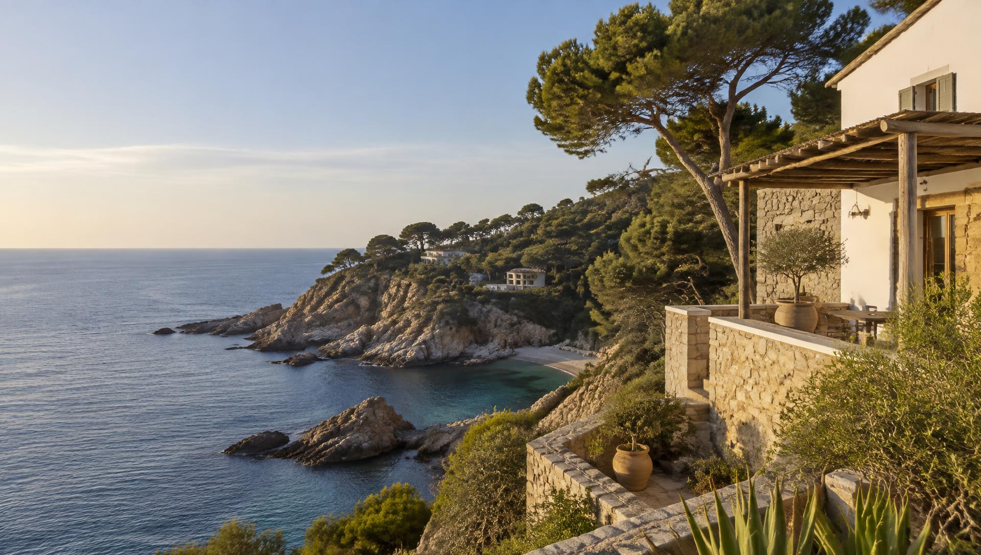Terrassa de pedra amb olivera davant la costa catalana