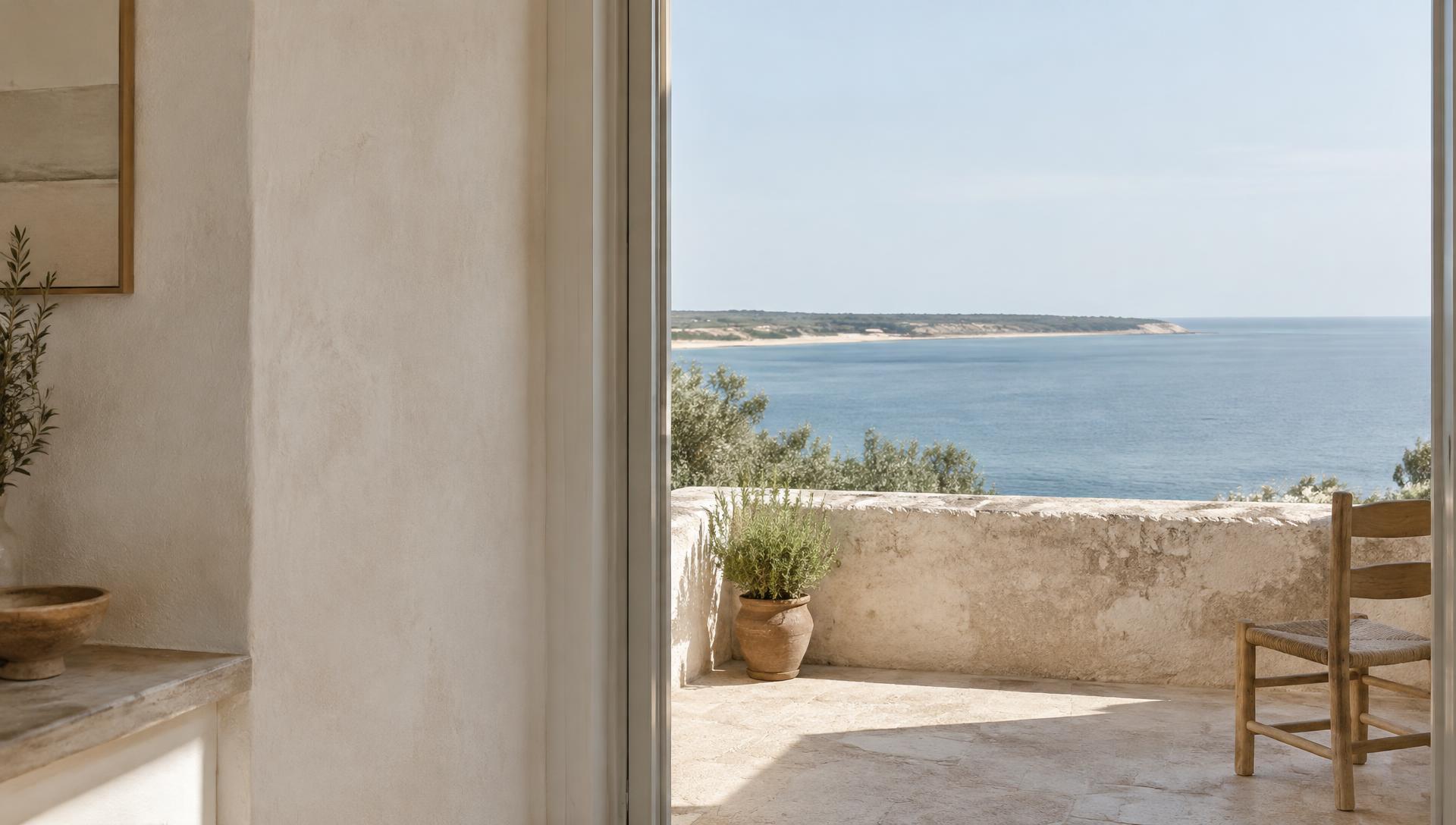 Terraza de piedra clara con vistas al mar, ambientación inspirada en la costa de Tarragona creada con IA